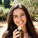 **

Prompt: A close-up shot of a beautiful Italian woman with long, flowing, and silky hair, illuminated by natural sunlight. Focus on the shine and health of her hair. She's smiling subtly, holding a small bottle of "Olio di Argan con Vitamina E" (Argan Oil with Vitamin E). In the soft background, include hints of an Italian garden with olive trees. Capture the feeling of natural beauty and deep hydration.

**