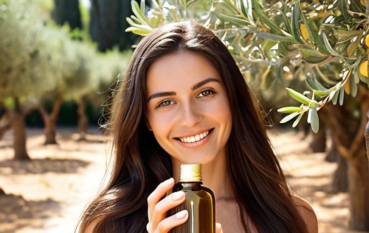 **
Prompt: A close-up shot of a beautiful Italian woman with long, flowing, and silky hair, illuminated by natural sunlight. Focus on the shine and health of her hair. She's smiling subtly, holding a small bottle of "Olio di Argan con Vitamina E" (Argan Oil with Vitamin E). In the soft background, include hints of an Italian garden with olive trees. Capture the feeling of natural beauty and deep hydration.
**